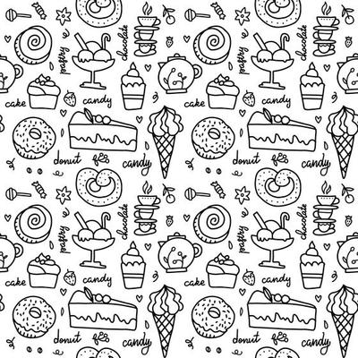Vector doodle seamless pattern with sweets. Happy birthday background with ice cream and cupcakes. Black and white background.