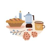 Coffee or cocoa mug and sweet pie with cookies. Hygge isolated concept with beverage and geyser coffee maker. Design for invitation card, poster, banner, postcard, print. Vector flat illustration.