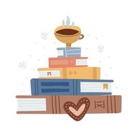 A mug of hot beverage on a stack of books in the shape of a christmas tree. Vector flat hand drawn illustration