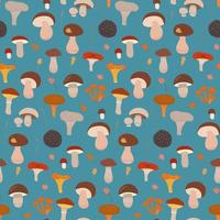 Seamless pattern with different mushrooms on blue background. Vector flat hand drawn illustration