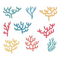 Set of different color cartoon corals isolated on white background. Bundle of marine species, deep sea creatures, ocean flora and fauna. Underwater biodiversity. Flat hand drawn vector illustration