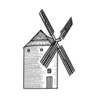 Wind mill, windmill hand drawn sketch vector engraved illustration. Ethcing medieval building emblem, logo, banner, badge for poster, web, mobile, icon, packaging. Isolated black and white object.