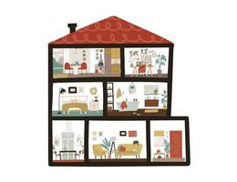 gran interior de la casa moderna y detallada. casa de muñecas en corte. Muebles de estilo cote escandinavo. corte en capas agrupadas. ilustración vectorial plana. vector