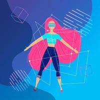 Virtual reality concept. Enthusiastic young woman wears VR headset, virtual reality goggles. Future technology. Abstract vr world with different objects. Vector flat illustration of flying girl.