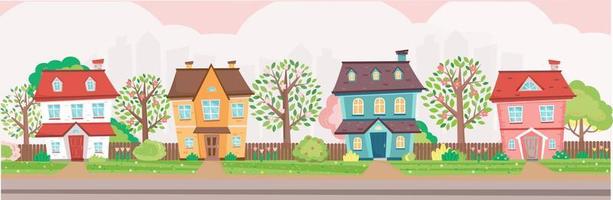 Spring season in the town. Colorful cottages surrounded by trees and bushes in blossom. Spring at town, village, suburb. Horizontal banner. Vector illustration in flat cartoon style.