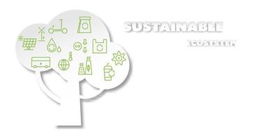 Sustainable ecosystem concept. Paper cut style of the big tree and green eco icons such as an electric scooter, recycle garbage, reuse plastic, solar cell, carbon dioxide reduce on white background. vector