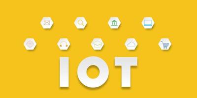 Internet of things IoT concept. Paper cut style of an icon of communication technology, online learning, digital marketing, big data, financial, and banking on yellow background. vector