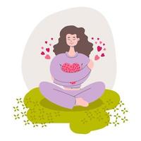 Smiling woman hugging herself. Love yourself, self care, body care, self acceptance, body positive concept. Hand drawn vector flat cartoon style illustration