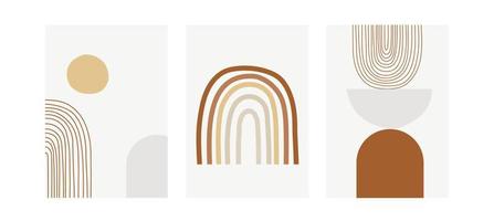 Set of three modern pastel posters with rainbows and abstract geometric shapes, vector illustration. Minimal Nordic art print. Abstraction design for background, wallpaper, card, wall art