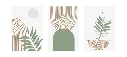 Set of three pastel posters with foliage, rainbow and abstract shapes, vector illustration. Minimal Nordic leaves and plants art print. Abstraction design for background, wallpaper, card, wall art