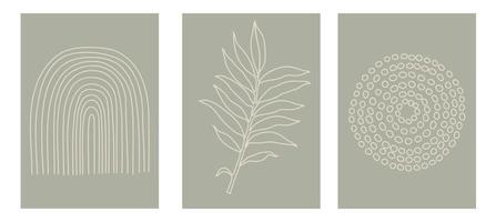 Set of three pastel posters with foliage, rainbow and abstract shapes, vector illustration. Minimal Nordic leaves and ferns art print. Abstraction design for background, wallpaper, card, wall art