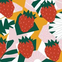 cartel de fruta de fresa. diseño tropical de verano con fresas. banner para bar, cóctel, afiche de batido de leche. diseño para menú, embalaje, tela. dieta saludable, concepto de comida vegana vector