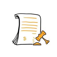 hand drawn doodle gavel and document symbol for penalty icon, financial forfeit, surcharge. isolated background vector