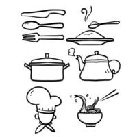 hand drawn doodle cooking icon set isolated background vector