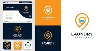 Laundry location logo with line art style and business card design template, clean, laundry, service, maps, location, pin, Premium Vector