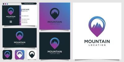 ubicación del logotipo de la montaña con diseño moderno de conctep y plantilla de diseño de tarjeta de visita, montaña, ubicación, pin, mapa, vector premium