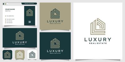 Real estate logo with line art style and business card design template, building, construction, estate, new concept, monogram, Premium Vector