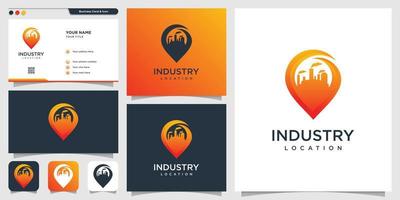 Ubicación del logotipo de la industria y plantilla de diseño de tarjeta de visita, industria, construcción, pasador, vector premium de ubicación