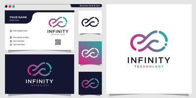 Infinity tech logo with line art style and business card design template, outline, colour gradient, tech, template Premium Vector