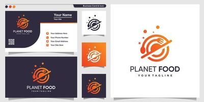 Food logo with outline gradient planet style and business card design template Premium Vector