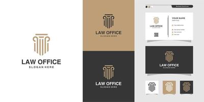 logotipo de la oficina de abogados y diseño de tarjetas de visita. oro, firma, ley, icono de justicia, tarjeta de visita, empresa, oficina, vector premium