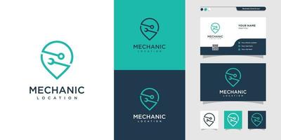 Mechanic location Logo and business card design, pin, location, map, service, repair, Premium Vector