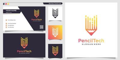 Pencil logo with line art technology style and business card design template, pencil, technology, gradient, logo template, Premium Vector