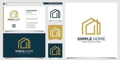 Simple home logo with golden line art style and business card design template, house, estate, building, simple, Premium Vector