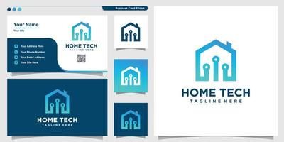 Home logo with technology outline style and business card design template Premium Vector