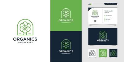 Organics with line art logo and business card design, nature, life, company, green, icon, business card, Premium Vector