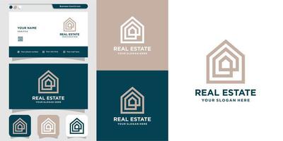 Real estate logo with outline style and business card design, home, real estate, line art, outline, Premium Vector