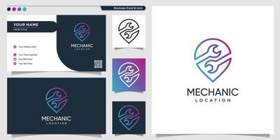 Mechanic logo location with gradient line art style and business card design template Premium Vector