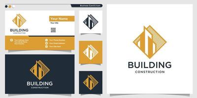 Building logo with unique line art style and business card design template, Premium Vector