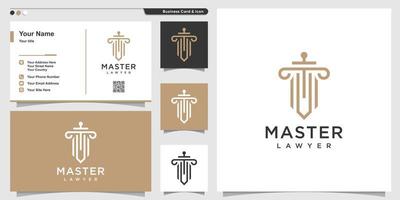 Law logo with line art style and business card design, master, lawyer, outline, Premium Vector