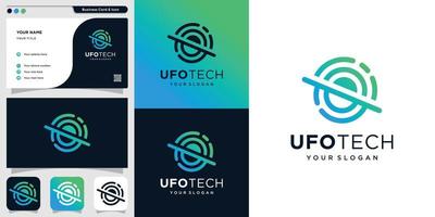 Ufotech logo with line art style and business card design template, unique, modern, new, technology, alien, Premium Vector