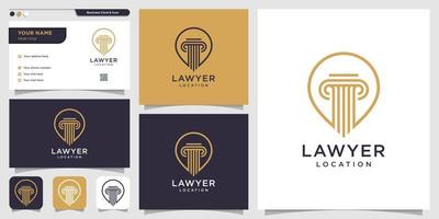 logotipo de ubicación de abogado y plantilla de diseño de tarjeta de visita, abogado, justicia, logotipo de pin, logotipo de ley, vector premium