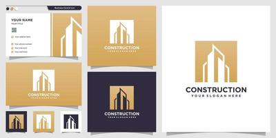 Construction logo with silhouette style and business card design template, logo template, building logo, real estate, Premium Vector