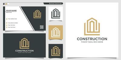 Construction logo with line art style and business card design template Premium Vector