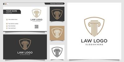 Law logo with line art shield style and business card design template Premium Vector