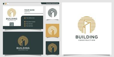 Building logo with horizontal line style and business card design template, building, construction, estate, new concept, Premium Vector