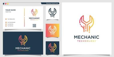 tecnología de logotipo mecánico con estilo de arte de línea degradada y plantilla de diseño de tarjeta de visita, reparación, degradado, vector premium de servicio