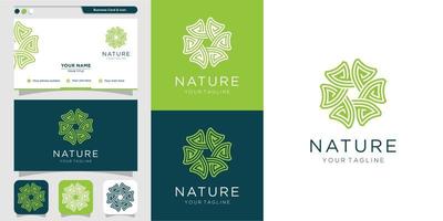 Nature logo with line art style and business card design template, fresh, line art, flower, icon, organic, Premium Vector