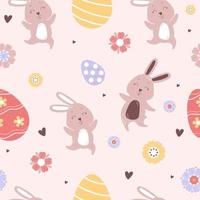 patrón de pascua sin costuras. felices y lindos conejitos de pascua sobre un fondo claro con huevos de pascua y flores. ilustración vectorial para el diseño, la decoración, la impresión, el embalaje y el papel pintado de Semana Santa vector