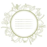 Round frame sticker made of linear hand drawn vegetables and root crops. Mushrooms, pumpkin, pepper and onion, cabbage and eggplant. Vector illustration in vintage style for menu design and decoration