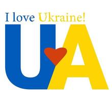 Ukrainian symbol. UA - yellow-blue Letters with red heart and text in English - I love you. The color of Ukrainian flag. Vector illustration