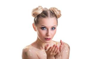 Beauty Woman face Portrait. Beautiful Spa model Girl with Perfect Fresh Clean Skin. Blonde female looking at camera and smiling. Youth and Skin Care Concept. Isolated on a white backgroun photo