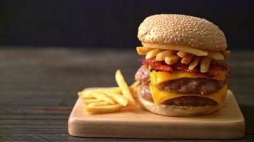 pork hamburger or pork burger with cheese, bacon and french fries video
