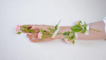 hermosa mano femenina delgada se encuentra con flores de rosa sobre un fondo blanco foto