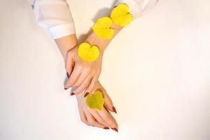 beautiful female hands on a background, holding autumn yellow leaves, the concept of care of a skin of hands photo