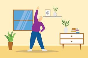 anciano entrenamiento fitness estiramiento en casa con estilo plano moderno vector